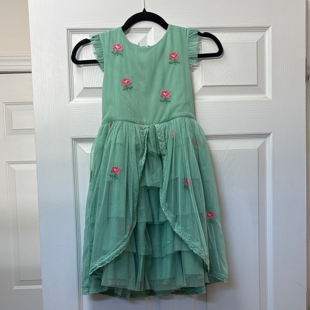 Mint Green Mini Boden Dress with Pink Floral Embroidery